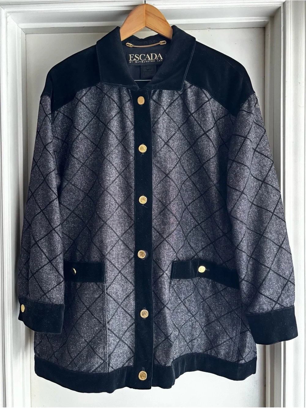 Escada Sparkly Silver Jacket with Black Velvet Trim and Signature Gold Buttons